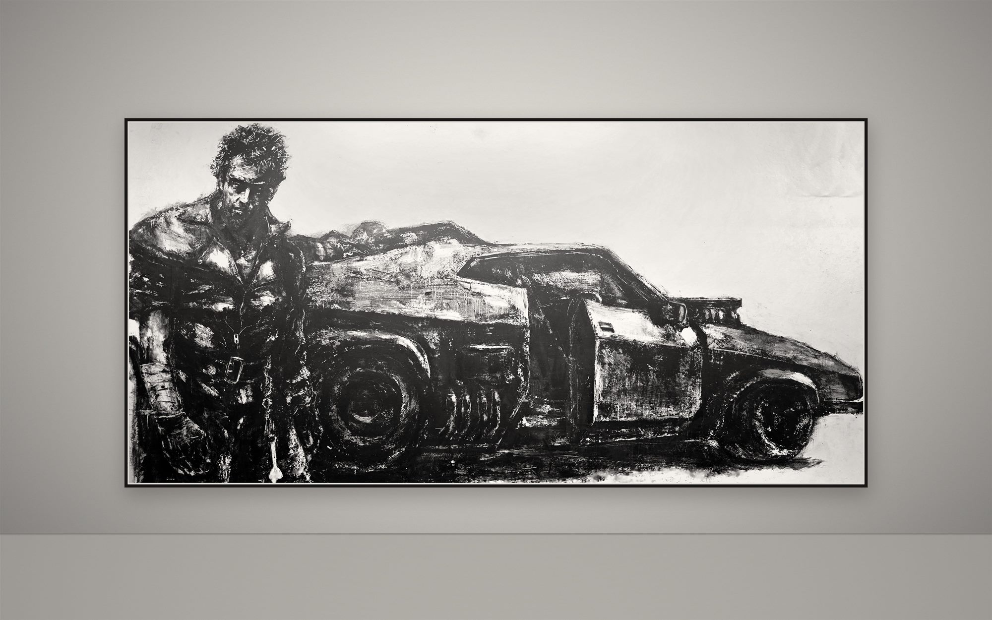 Ink painting of a man beside a black muscle car