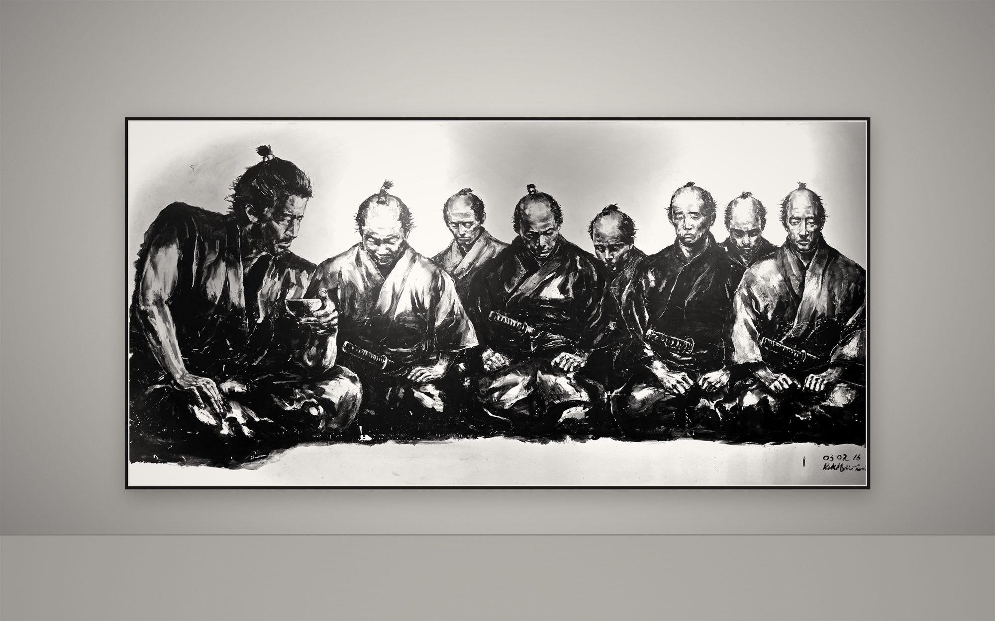 Ink painting of seven seated samurai